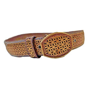 Tona West Leather Belt Mens 44 Brown Gold Tooled Pattern Western Cowboy Buckle